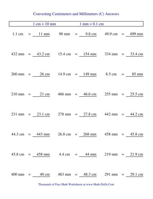 The Metric Conversion of Centimeters and Millimeters (C) Math Worksheet Page 2