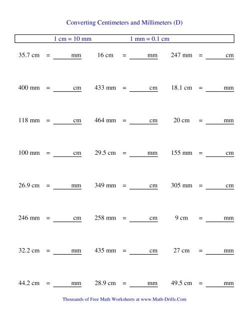 The Metric Conversion of Centimeters and Millimeters (D) Math Worksheet