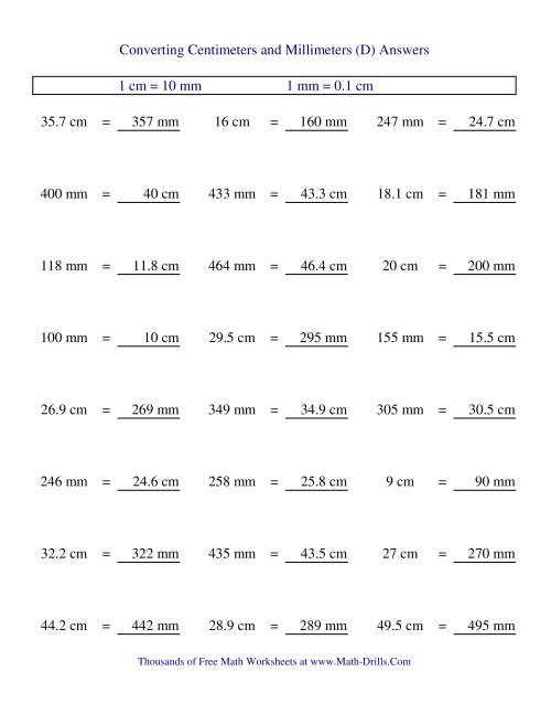 The Metric Conversion of Centimeters and Millimeters (D) Math Worksheet Page 2