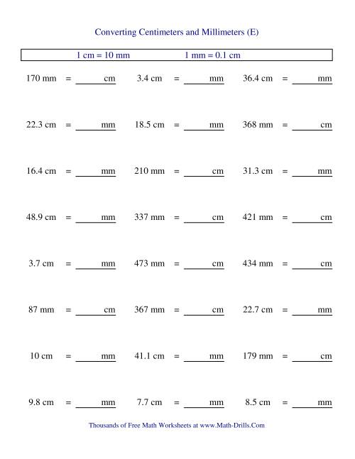 The Metric Conversion of Centimeters and Millimeters (E) Math Worksheet
