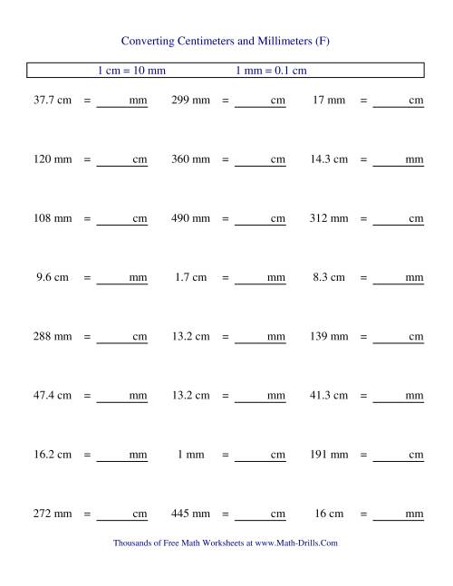 The Metric Conversion of Centimeters and Millimeters (F) Math Worksheet