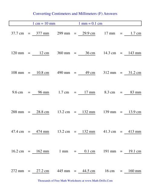 The Metric Conversion of Centimeters and Millimeters (F) Math Worksheet Page 2