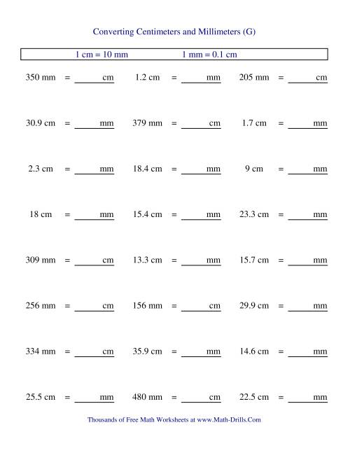The Metric Conversion of Centimeters and Millimeters (G) Math Worksheet