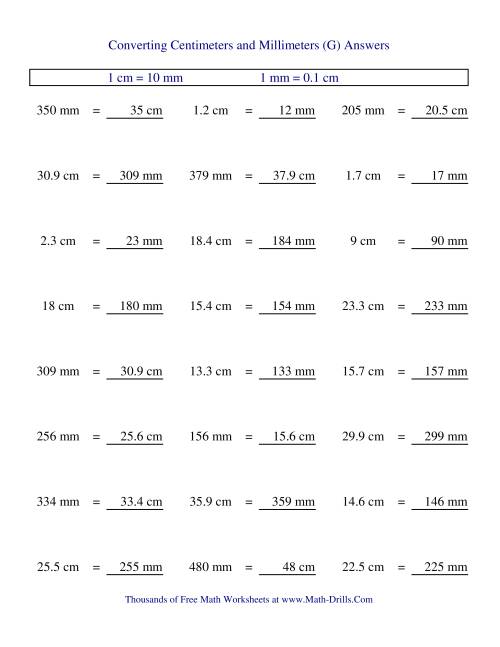 The Metric Conversion of Centimeters and Millimeters (G) Math Worksheet Page 2