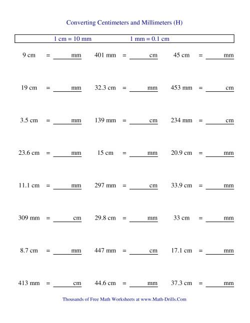 The Metric Conversion of Centimeters and Millimeters (H) Math Worksheet