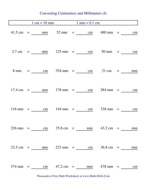 The Metric Conversion of Centimeters and Millimeters (I) Math Worksheet