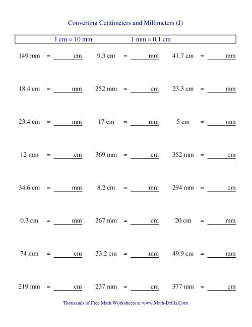 The Metric Conversion of Centimeters and Millimeters (J) Math Worksheet