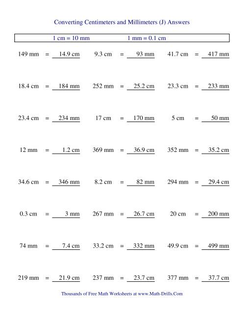 The Metric Conversion of Centimeters and Millimeters (J) Math Worksheet Page 2