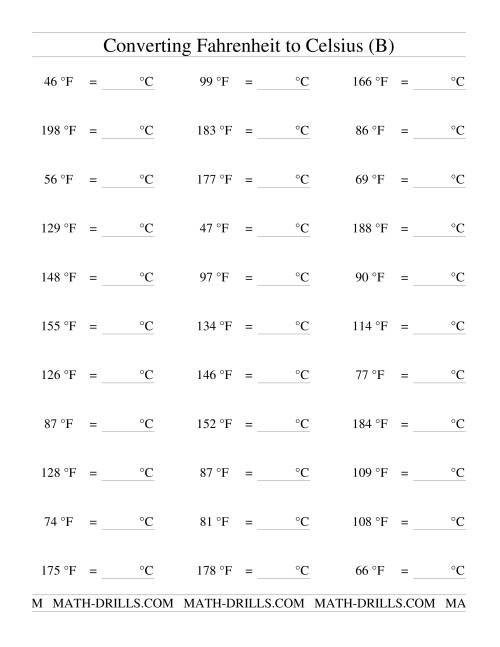 The Converting From Fahrenheit to Celsius (B) Math Worksheet