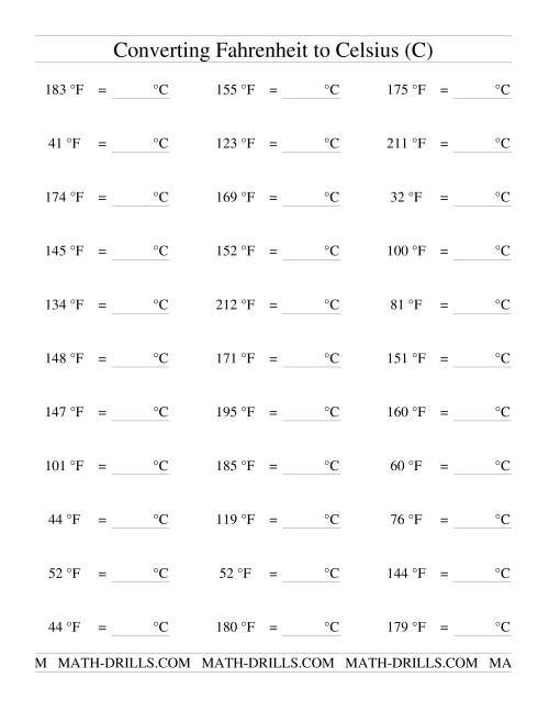 The Converting From Fahrenheit to Celsius (C) Math Worksheet