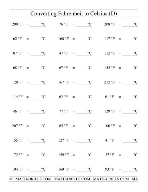 The Converting From Fahrenheit to Celsius (D) Math Worksheet