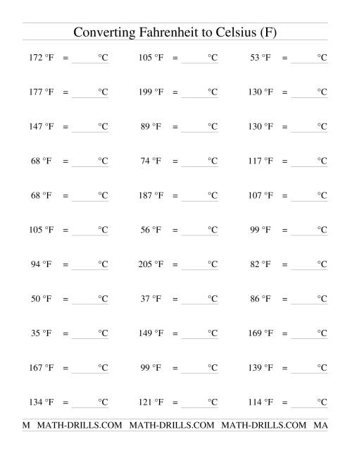 The Converting From Fahrenheit to Celsius (F) Math Worksheet