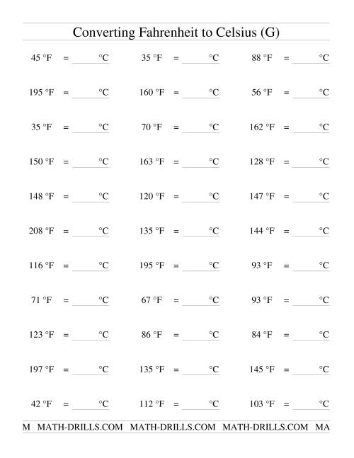 The Converting From Fahrenheit to Celsius (G) Math Worksheet