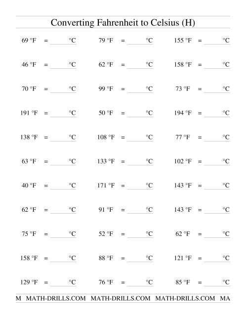 The Converting From Fahrenheit to Celsius (H) Math Worksheet