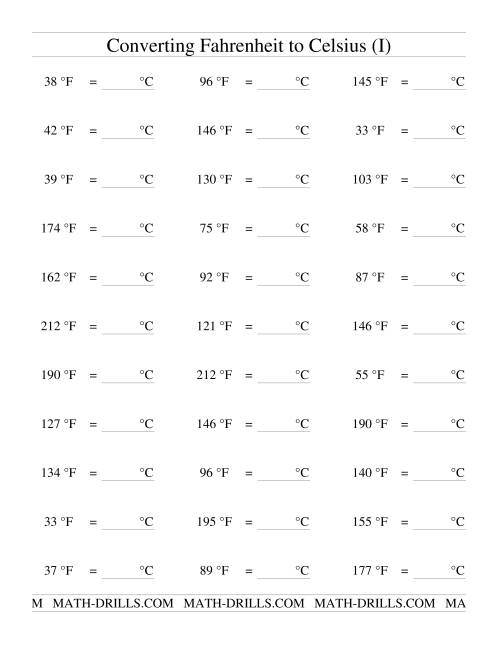 The Converting From Fahrenheit to Celsius (I) Math Worksheet