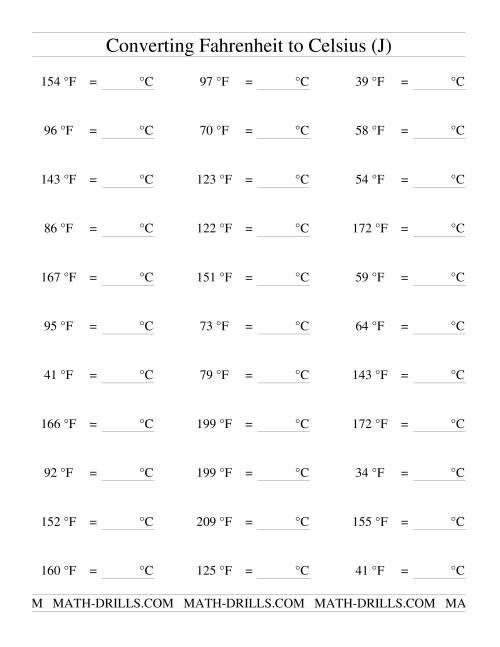 The Converting From Fahrenheit to Celsius (J) Math Worksheet