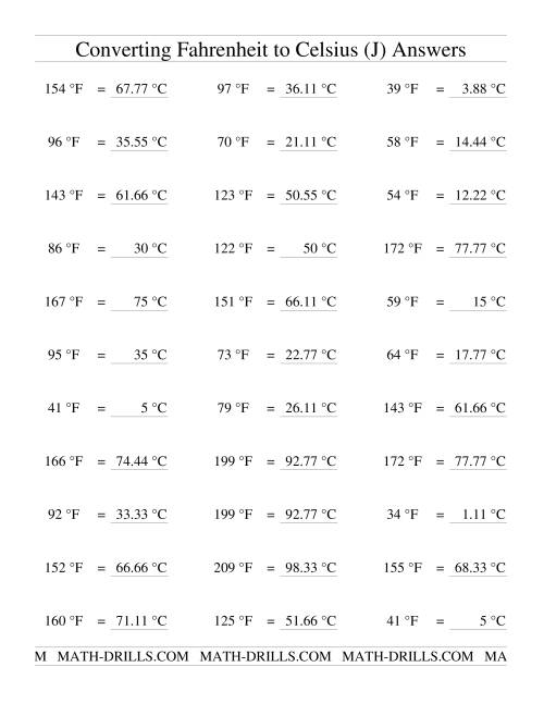 The Converting From Fahrenheit to Celsius (J) Math Worksheet Page 2