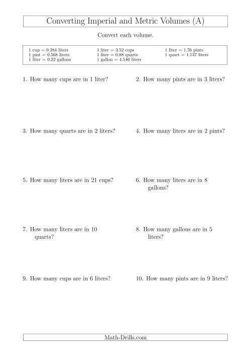The Converting Between Liters and Imperial Cups, Pints, Quarts and Gallons (A) Math Worksheet