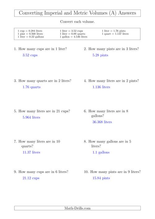 The Converting Between Liters and Imperial Cups, Pints, Quarts and Gallons (A) Math Worksheet Page 2