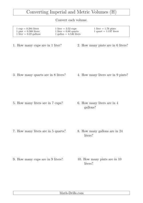 The Converting Between Liters and Imperial Cups, Pints, Quarts and Gallons (H) Math Worksheet