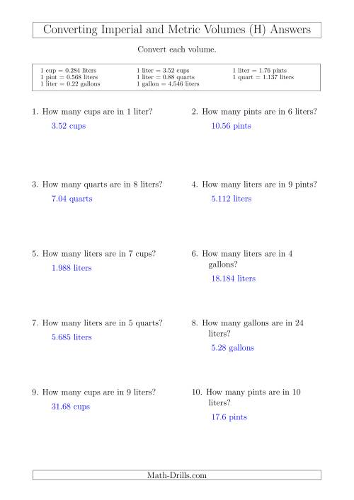 The Converting Between Liters and Imperial Cups, Pints, Quarts and Gallons (H) Math Worksheet Page 2