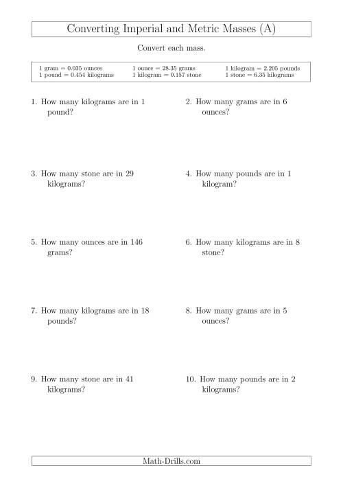 The Converting Between Metric and Imperial Masses (A) Math Worksheet