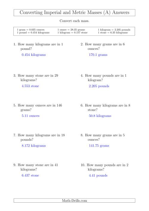 The Converting Between Metric and Imperial Masses (A) Math Worksheet Page 2