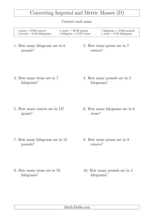 The Converting Between Metric and Imperial Masses (D) Math Worksheet