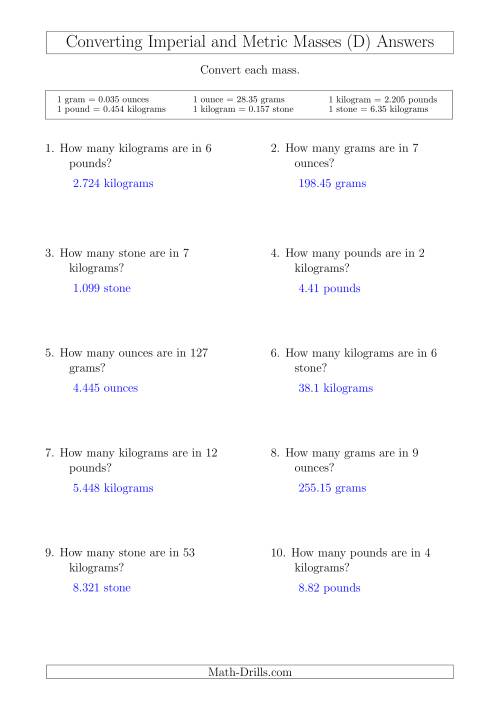 The Converting Between Metric and Imperial Masses (D) Math Worksheet Page 2