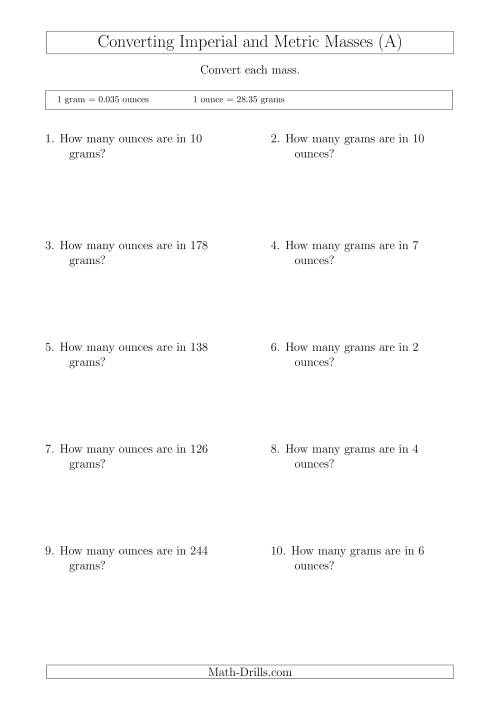 The Converting Between Imperial Ounces and Grams (A) Math Worksheet