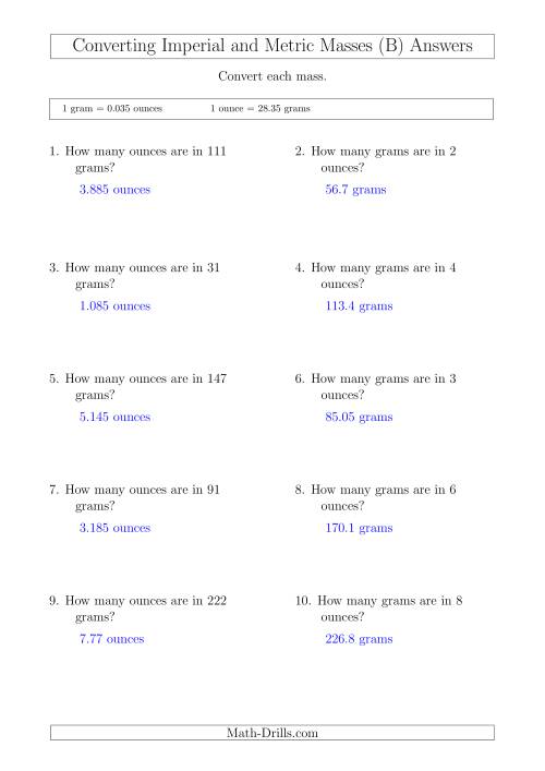 The Converting Between Imperial Ounces and Grams (B) Math Worksheet Page 2