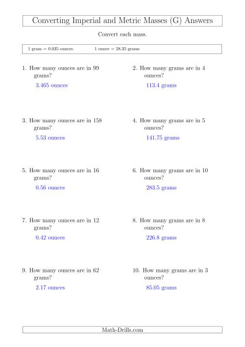 The Converting Between Imperial Ounces and Grams (G) Math Worksheet Page 2
