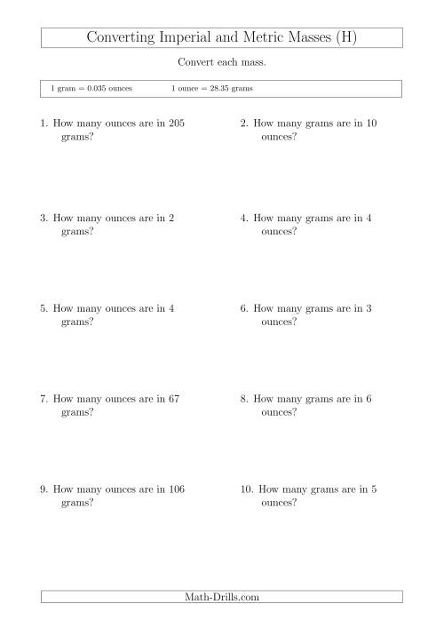 The Converting Between Imperial Ounces and Grams (H) Math Worksheet