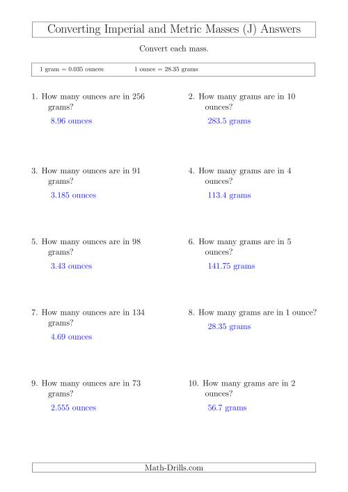 The Converting Between Imperial Ounces and Grams (J) Math Worksheet Page 2