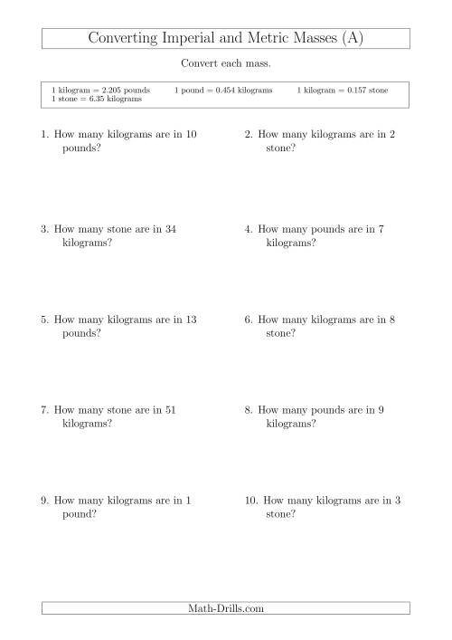 The Converting Between Kilograms and Imperial Pounds and Stone (A) Math Worksheet