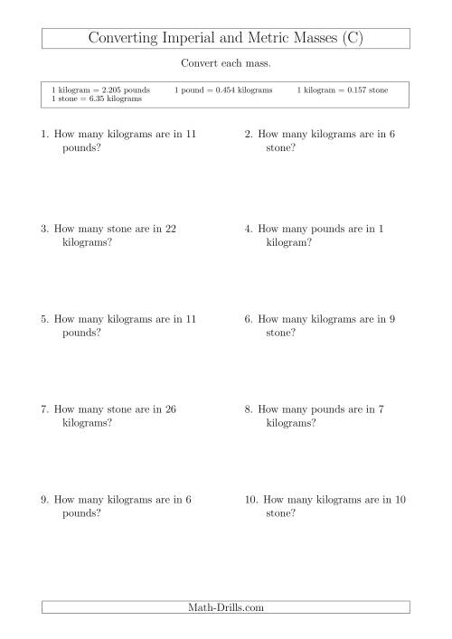 The Converting Between Kilograms and Imperial Pounds and Stone (C) Math Worksheet