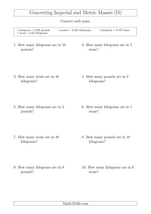 The Converting Between Kilograms and Imperial Pounds and Stone (D) Math Worksheet