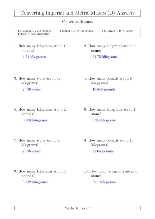 The Converting Between Kilograms and Imperial Pounds and Stone (D) Math Worksheet Page 2