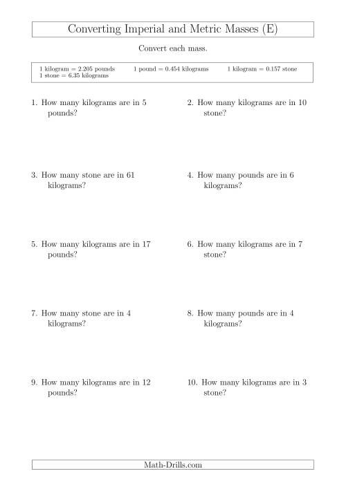 The Converting Between Kilograms and Imperial Pounds and Stone (E) Math Worksheet