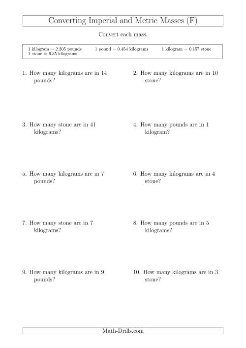 The Converting Between Kilograms and Imperial Pounds and Stone (F) Math Worksheet