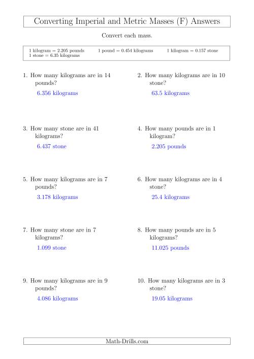 The Converting Between Kilograms and Imperial Pounds and Stone (F) Math Worksheet Page 2