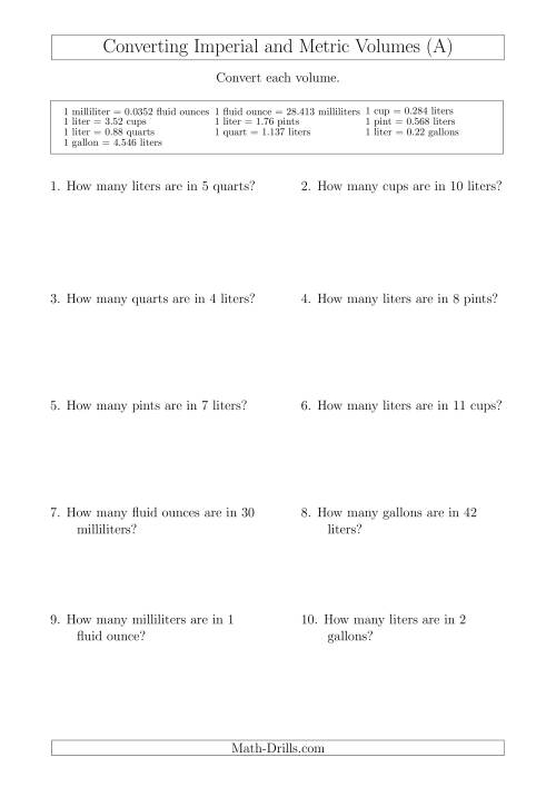 The Converting Between Metric and Imperial Volumes (A) Math Worksheet