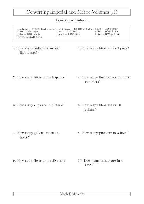 The Converting Between Metric and Imperial Volumes (H) Math Worksheet