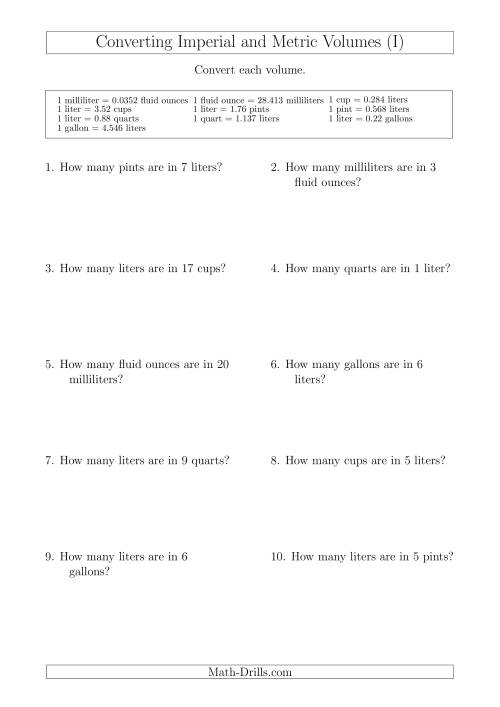 The Converting Between Metric and Imperial Volumes (I) Math Worksheet