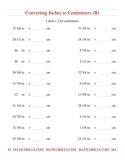 The Converting Inches to Centimeters (B) Math Worksheet