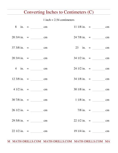 The Converting Inches to Centimeters (C) Math Worksheet