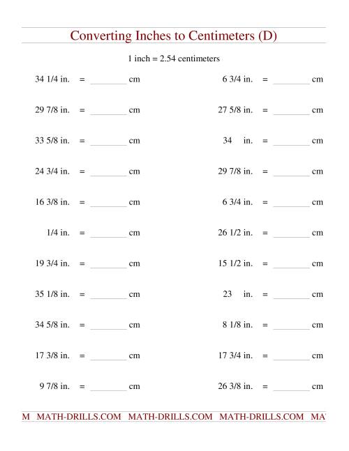 The Converting Inches to Centimeters (D) Math Worksheet