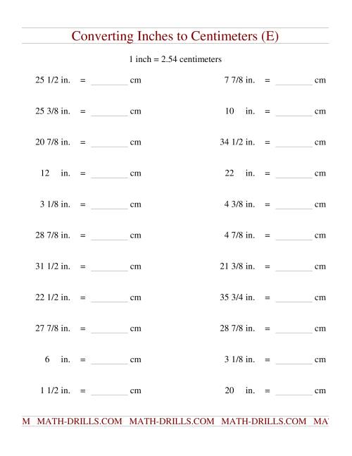 The Converting Inches to Centimeters (E) Math Worksheet