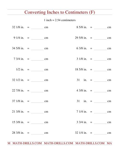 The Converting Inches to Centimeters (F) Math Worksheet
