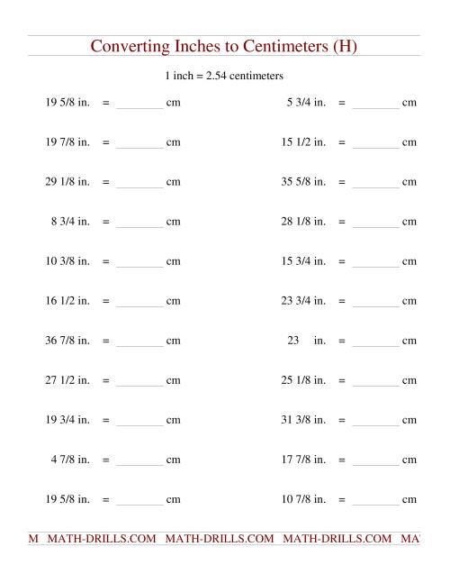 The Converting Inches to Centimeters (H) Math Worksheet
